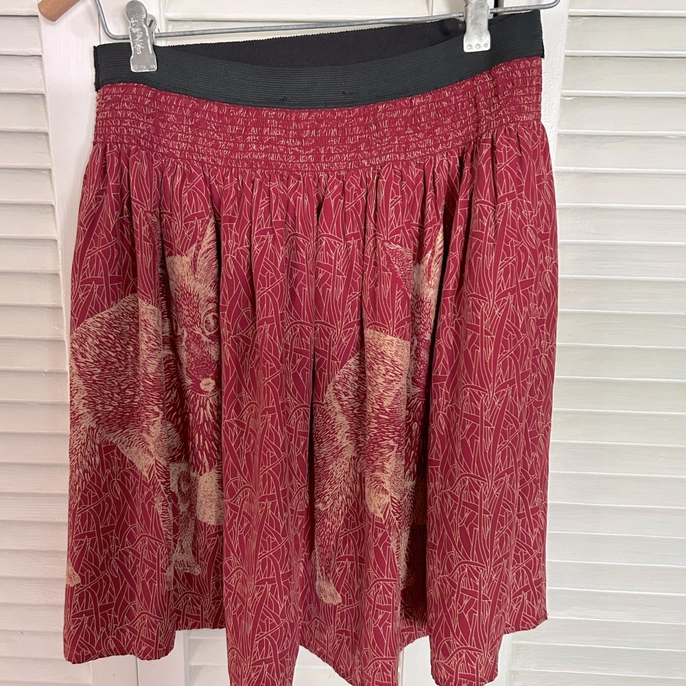 Anthro Corey Lynn Calter Silk Red & Tan Fox Print Elastic Waist Skirt Sz S